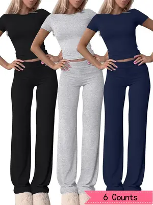 Women's Solid Tee & Flare Leg Pants Set, Casual Comfy Round Neck Short Sleeve Tee & Bell Bottom Trousers for Daily Wear, Ladi...