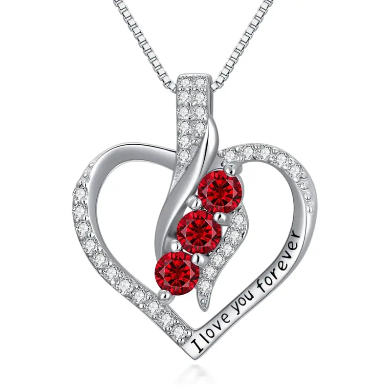 Sterling Silver Circular Crystal Customized Birthstone Heart Pendant With Engraved Word Necklace For Women Best Friends