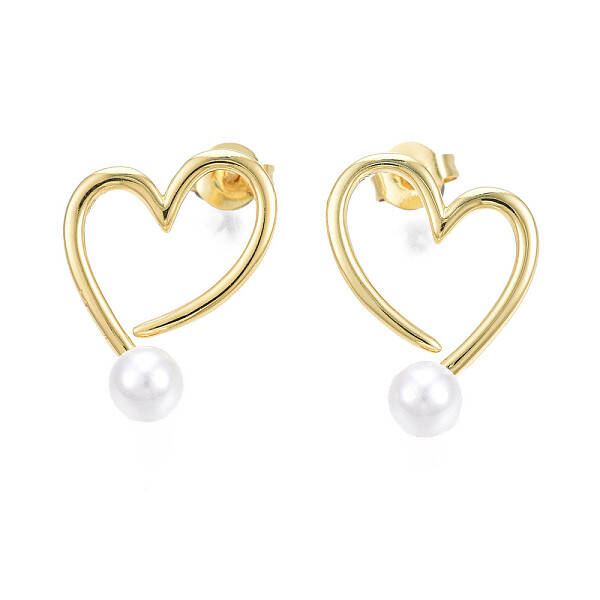 Brass Open Heart Stud Earrings with ABS Plastic Pearl for Women