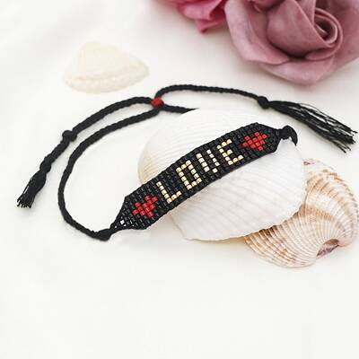 Glass Seed Wide Band With Word Love Heart Friendship Link Bracelet for Women