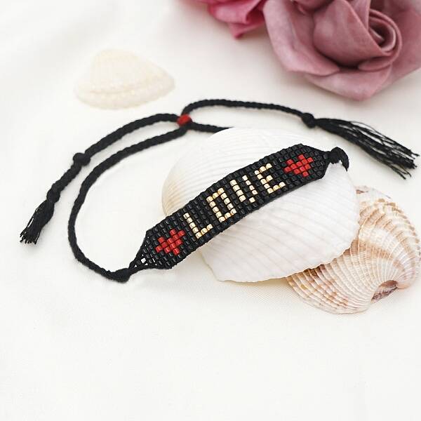 Glass Seed Wide Band With Word Love Heart Friendship Link Bracelet for Women
