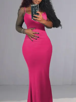 Women's Mermaid Hem Maxi Cami Dress, Solid Sleeveless Spaghetti Strap Long Bodycon Dress for Summer Party Holiday, Ladies Clo...