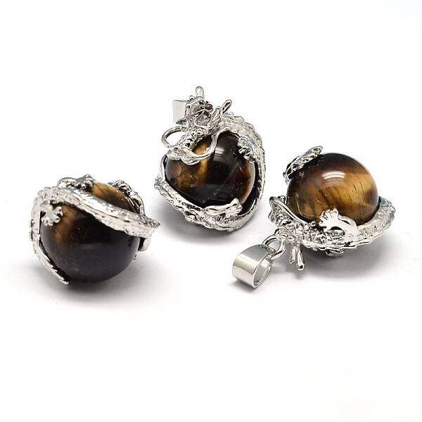Dragon Platinum Plated Brass Natural Tiger Eye Pendants