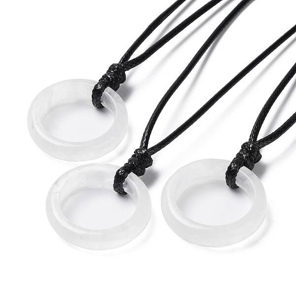 Natural Quartz Crystal Ring Pendant Necklace with Waxed Cords