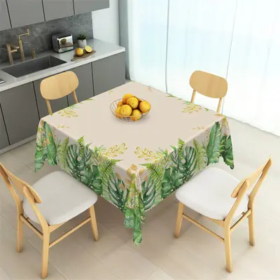 Tropical Green Golden Leaves Dining Room Tablecloth - Aperturee