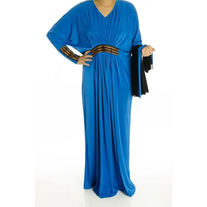 blue embroidery Butterfly Jersey Abaya