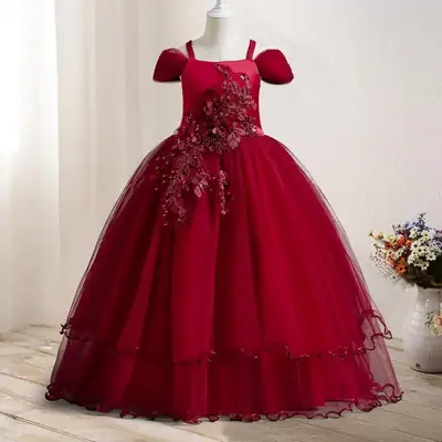 Teenage Girls Christmas Eveing Party Dress for 5 to 14 Years Flower Applique Elegant Princess Dress Bridesmaid Dress for Wedd...