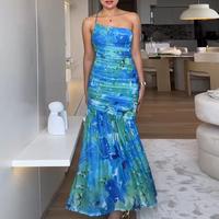 ChicMe Women's Colorblock Floral Print One Shoulder Ruched Maxi Dress Casual Slim Fit Fishtail Dress Gradient Bodycon summer ...