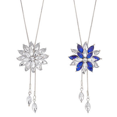 2Pcs 2Colors Rhinestone Flower Pendant Lariat Necklaces Set