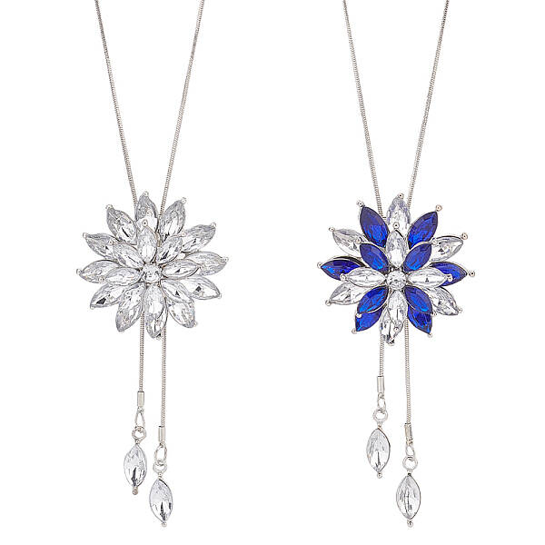 2Pcs 2Colors Rhinestone Flower Pendant Lariat Necklaces Set