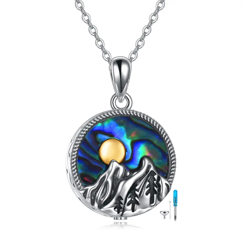 Sterling Silver Two-tone Circular Shaped Abalone Shellfish Mountains Urn Necklace for Ashes with Engraved Word