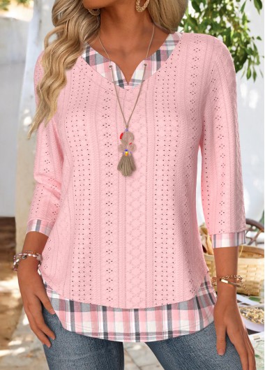Modlily Light Pink Plaid 3/4 Sleeve Split Neck T Shirt - XL