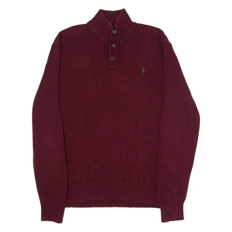 POLO RALPH LAUREN Mens Jumper Maroon Button Neck Tight Knit L