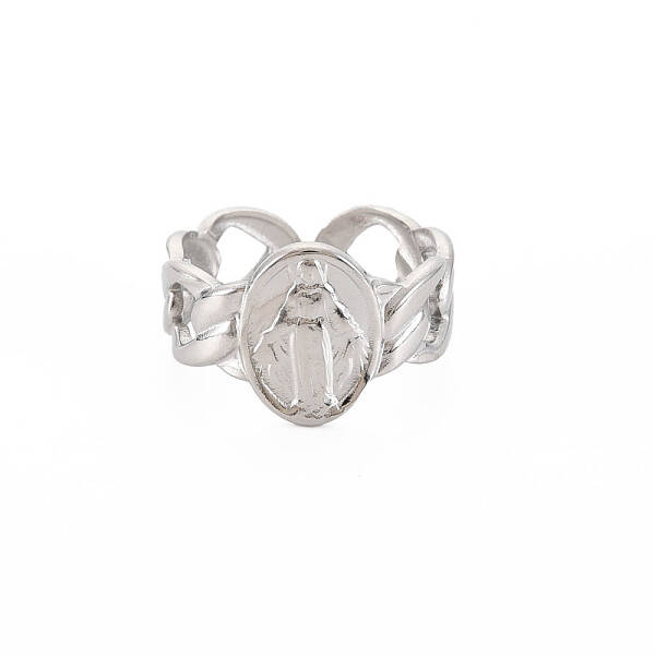 Non-Tarnish 304 Stainless Steel Flat Round with Virgin Mary Open Cuff Ring for Women