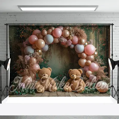 Floral Balloons Bear Birthday Cake Smash Backdrop - Aperturee
