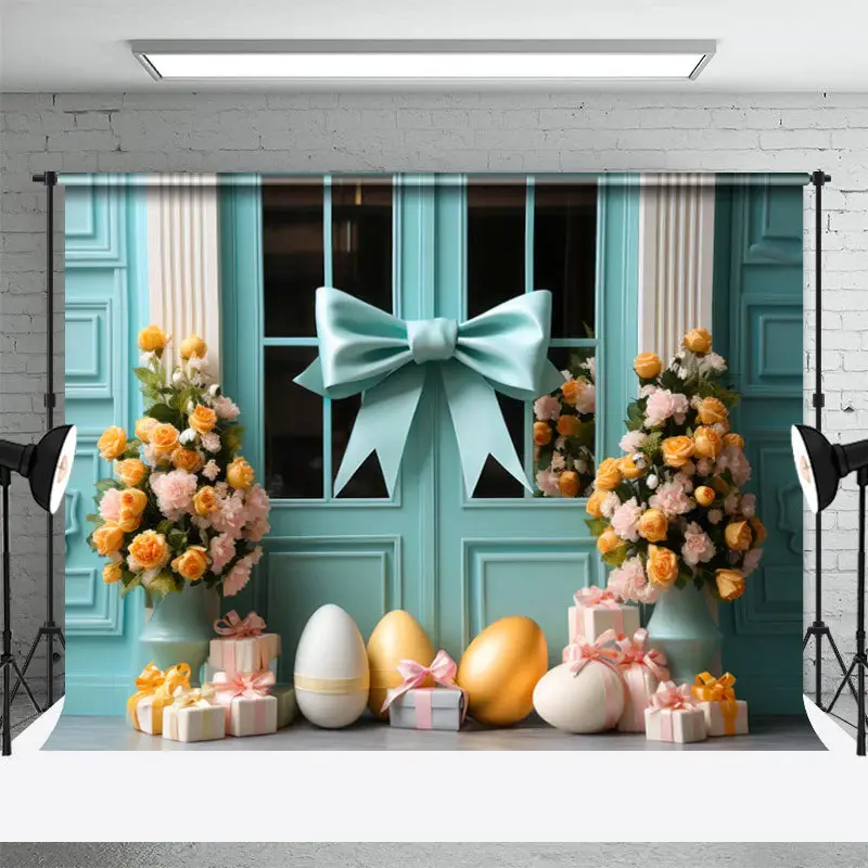 Tiffany Blue Bowknot Parterre Eggs Easter Backdrop - Aperturee