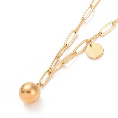 304 Stainless Steel Round Ball & Flat Round Pendant Necklace for Women