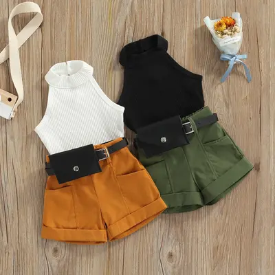 Toddler Baby Girl Clothes Solid Color Sleeveless Top Pocket Shorts Cute Summer Suit with Fanny Pack