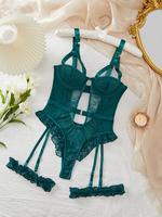 Women's Contrast Lace Cut Out Ring Linked Sexy Lingerie Bodysuit, Backless Adjustable Strap Ruffle Trim Bodysuit, Fashion Com...