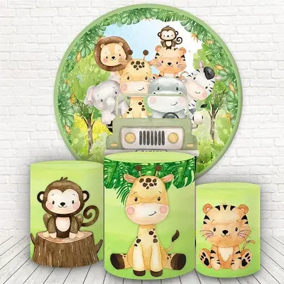 Aperturee Green Forest With Cute Animals Round Birthday Backdrop Kit | Birthday Backdrop Ideas | Circle Party Backdrop | Circ...