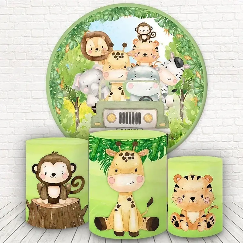 Aperturee Green Forest With Cute Animals Round Birthday Backdrop Kit | Birthday Backdrop Ideas | Circle Party Backdrop | Circ...