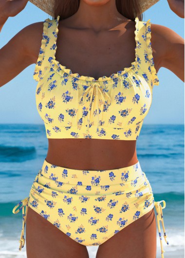 Modlily High Waisted Striped Light Yellow Bikini Set - M