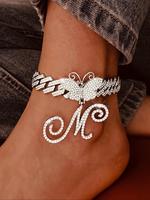Rhinestone Butterfly & Letter Decor Cuban Chunky Chain Link Anklet for Women & Girls, Charms Ankle Bracelet Summer Style Jewe...