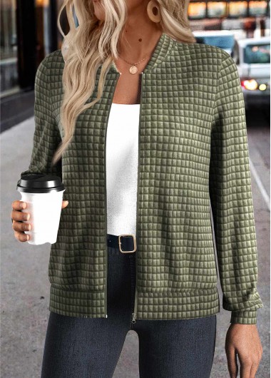 Modlily Olive Green Jacquard Long Sleeve Stand Collar Jacket - L