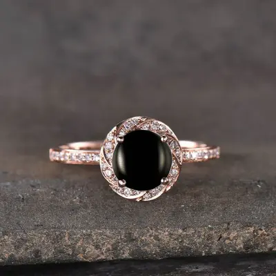 Natural Black Onyx Diamond Halo Wedding Ring Women Ring