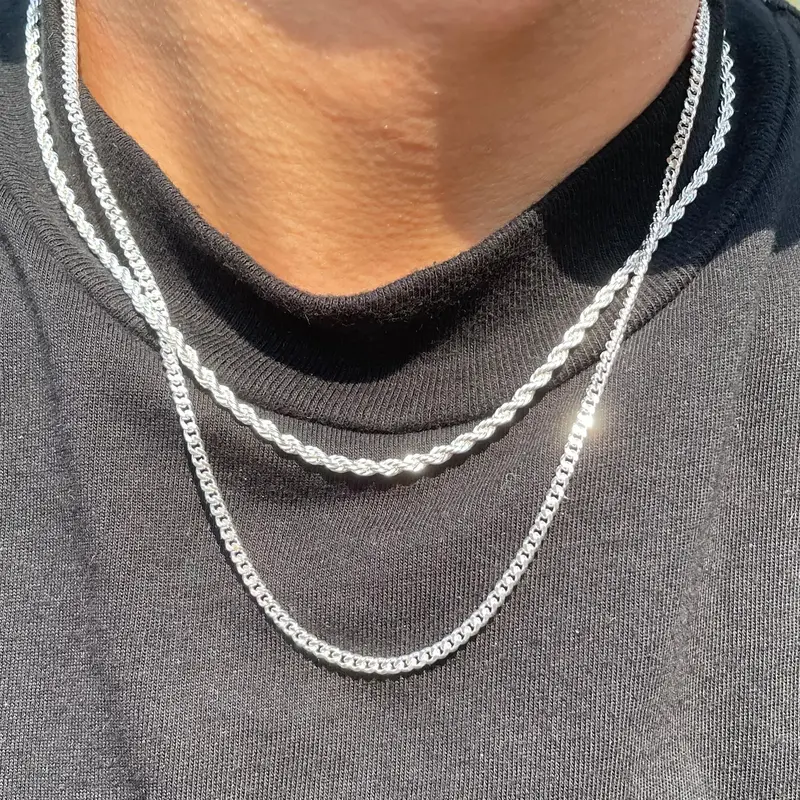 Tewiky Trendy 2Pcs 3mm Chain Necklace for Men - Layered Sterling Silver Cuban Link Rope Necklaces Set Simple Jewelry Gift 18-...