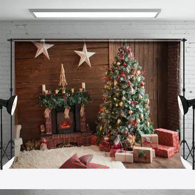 Wooden House Star Fireplace Gift Christmas Backdrop - Aperturee