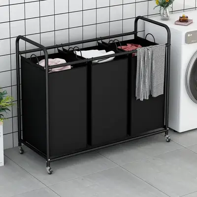 3-Bag Laundry Basket Sorter Laundry Hamper Cart Clother Container Metal Organiser with Heavy Duty Rolling Lockable Wheels and...