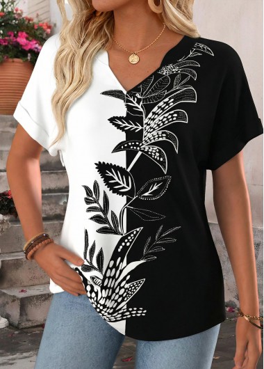 Modlily Black Floral Print Tummy Coverage Short Sleeve T Shirt - L