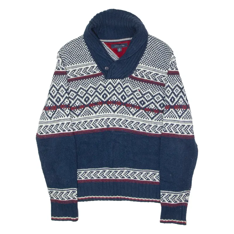 TOMMY HILFIGER Mens Icelandic Jumper Blue Button Neck Chunky Knit Wool M