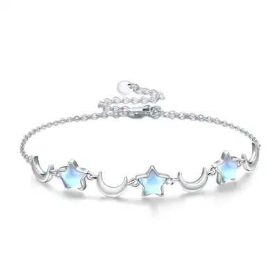 Sterling Silver Moonstone Moon & Star Charm Bracelet For Girl