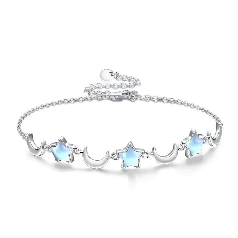 Sterling Silver Moonstone Moon & Star Charm Bracelet For Girl