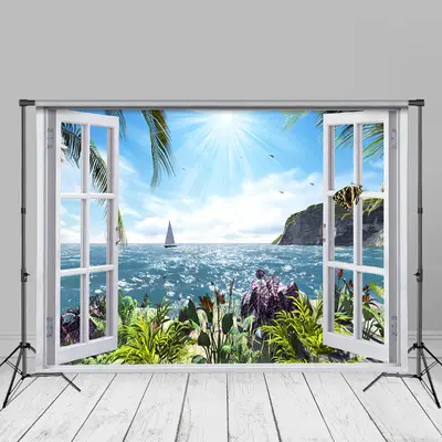 Sailing Boat Beach Plants Window Summer Photo Backdrop - Aperturee