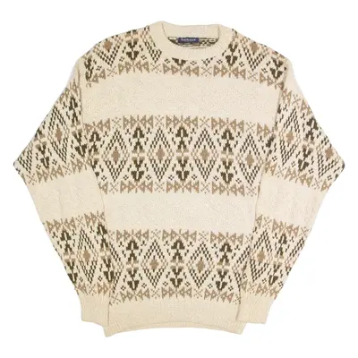 VAN HEUSEN Tall Mens Patterned Jumper Beige Fair Isle 90s Chunky Knit L