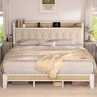 【Father Day Gift】ONBRILL Bed Frame with Side Storage Shelf, Ergonomic Upholstered Headboard with Charging Station, King P...