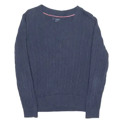 TOMMY HILFIGER Womens Jumper Blue V-Neck Cable Knit L