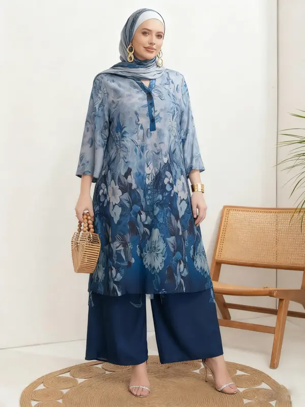 【Plus Size】 Two-Piece Set Floral Print Notched Neck Top & Wide Leg Pants, Elegant 3/4 Sleeve Top & Pants for Daily Wear, ...