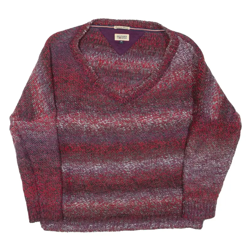 HILFIGER DENIM Womens Patterned Jumper Maroon Striped V-Neck Chunky Knit L