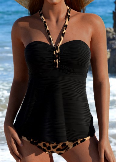 Modlily Jacquard Patchwork Leopard Black Tankini Set - S