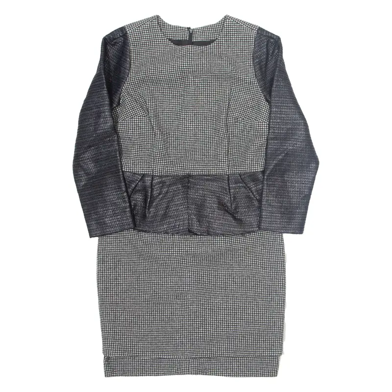 ELLERY Peplum Pencil Dress Black Check Wool Long Sleeve Knee Length Womens UK 10