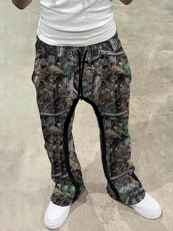 Men's All Over Print Patchwork Drawstring Waist Flare Leg Pants, Y2k Regular Fit Casual Comfy Pocket Trousers for Fall & Wint...