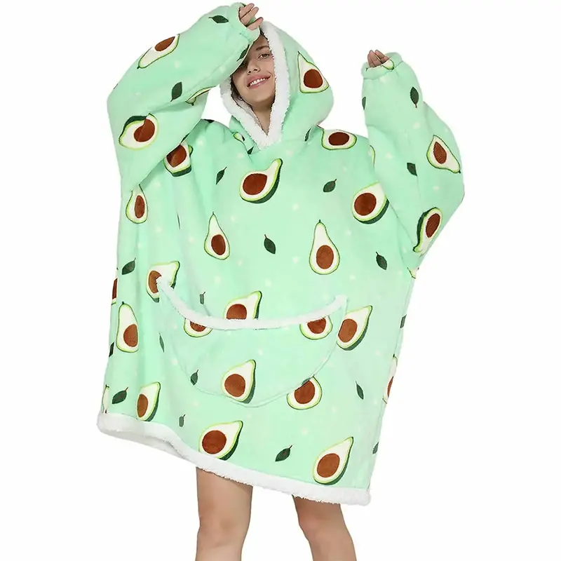 Cartoon Alpaca Avocado Print Hoodie Blanket, 1 Count Wearable Blanket with Pocket, Soft Warm Wearable Blanket for Adults