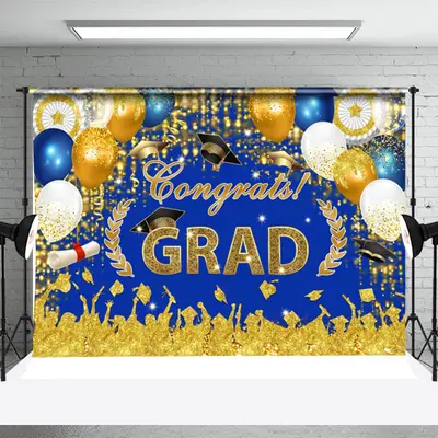 Glitter Gold Blue Balloons Backdrop For Graduation - Aperturee