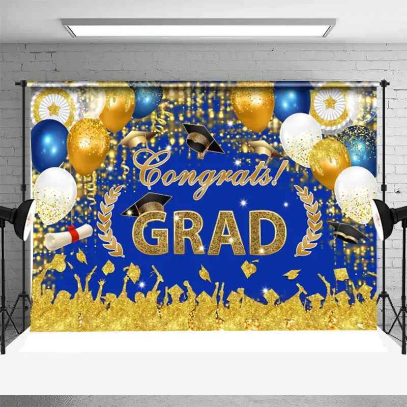 Glitter Gold Blue Balloons Backdrop For Graduation - Aperturee