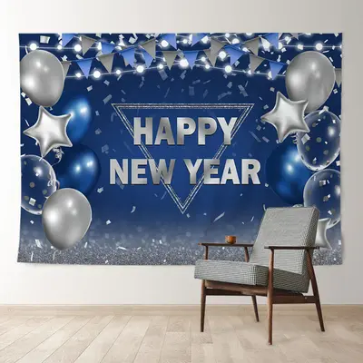 Aperturee Navy Blue Silver Balloon Flag New Year Backdrop