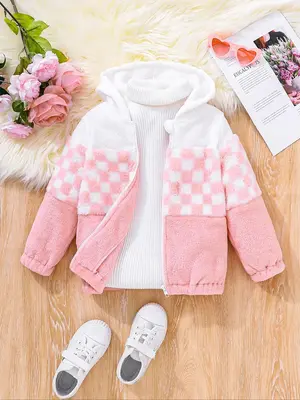 Girl's Colorblock & Plaid Print Zip Up Plush Hooded Coat, Casual Long Sleeve Hooded Outerwear for Fall & Winter, Kids Clothes...